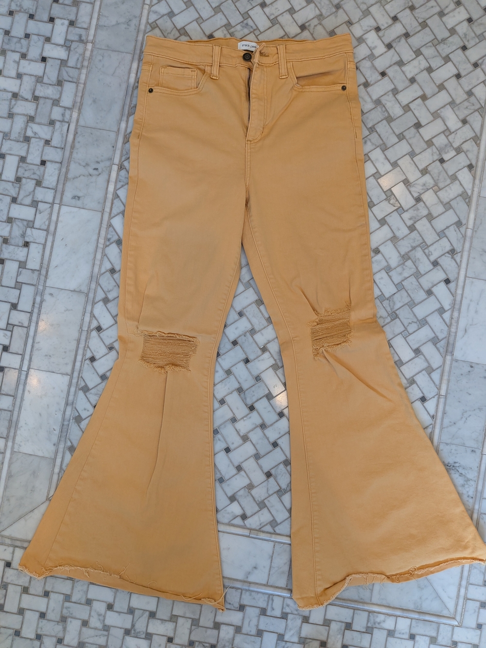 Like New Sneak Peek Mustard Yellow Distressed Flare Jeans 29x29
